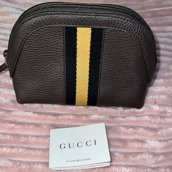 Gucci Web Cosmetic Case Brown Multicolor in Pebbled Calfskin w/black/🎗️ NWOT. - Picture 1 of 13